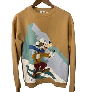 Disney Parks Goofy Skiing Mustard Tan Crewneck Sweatshirt Mens Medium Fleece
